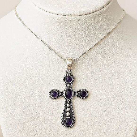 Stunning Amethyst Gemstone Cross Beaded Pendant Necklace Sterling Silver New - Picture 2 of 6